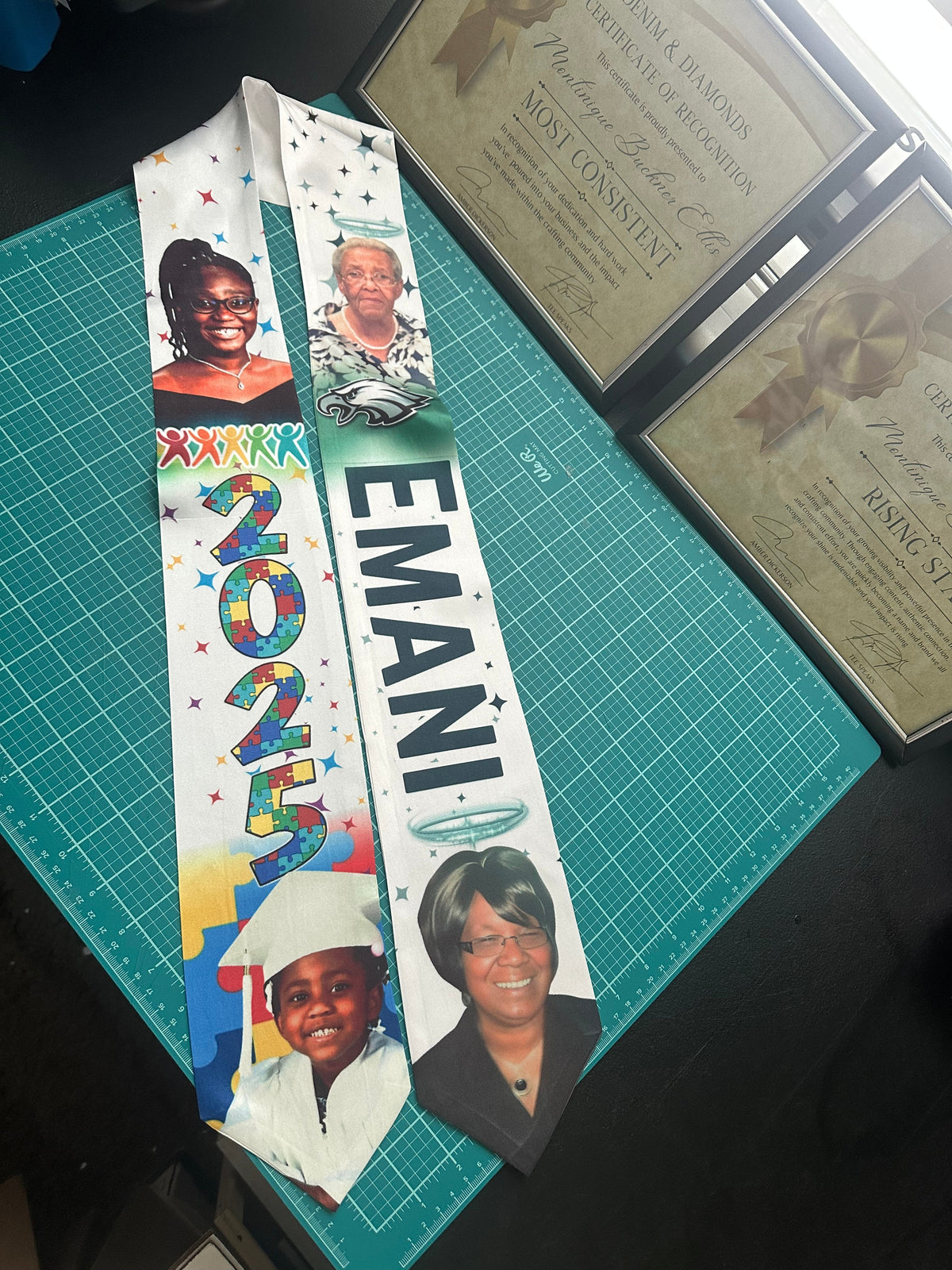 Custom graduation stole personalized with photos and colors