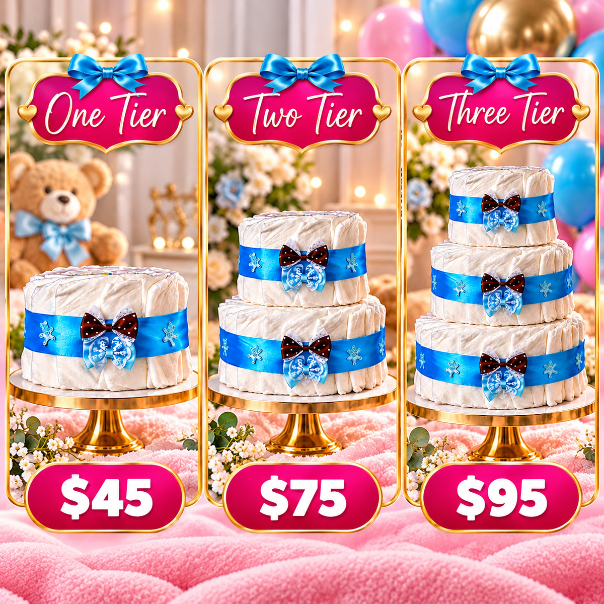 Custom tiered diaper cake gift for a baby shower