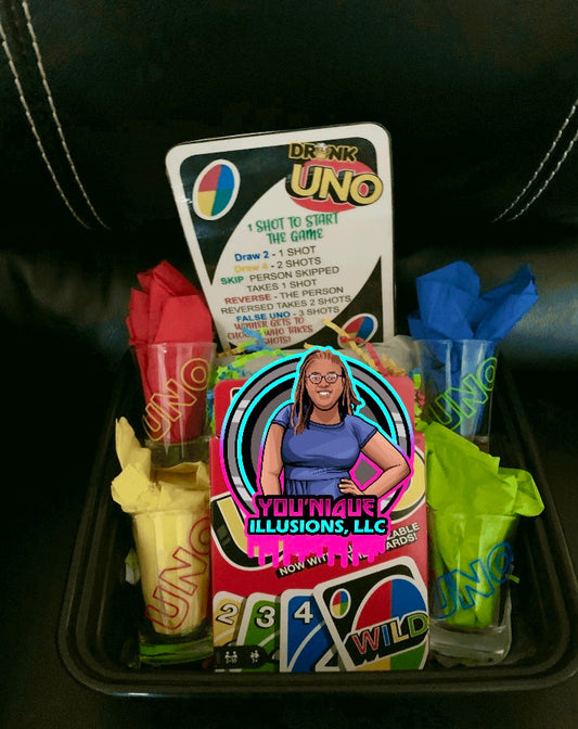Custom Drunken Uno card game set with personalized shot glasses