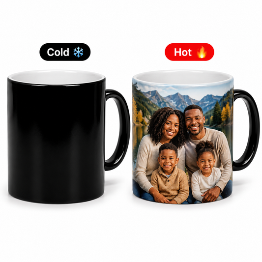 A color-changing ceramic mug shown in two states: black when cold, and white with a printed family photo when hot. The left mug is labeled 'Cold' with a blue snowflake icon, and the right mug is labeled 'Hot' with a red flame icon.