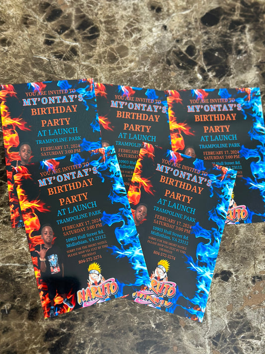 Four birthday party invitations with Naruto theme on a marble surface