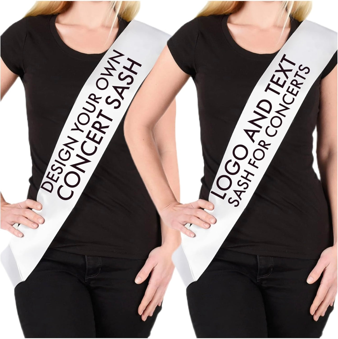 Two people wearing customizable concert sashes with text on a white background