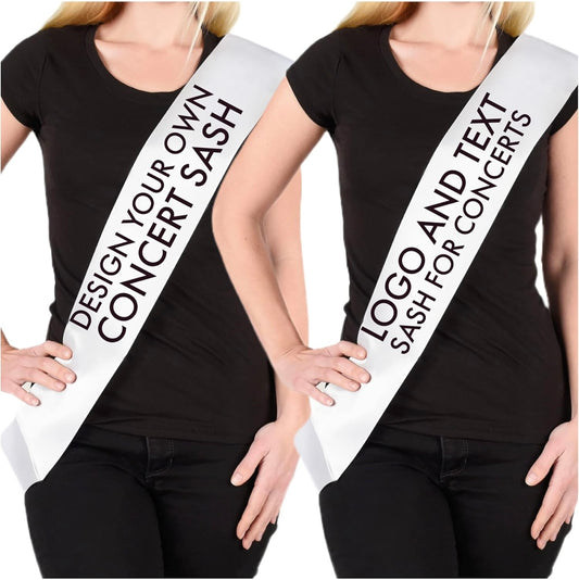Two people wearing customizable concert sashes with text on a white background