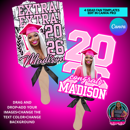 2026 Girl Grad Fan Template Bundle - Editable Canva Senior Fan (4 Pack)