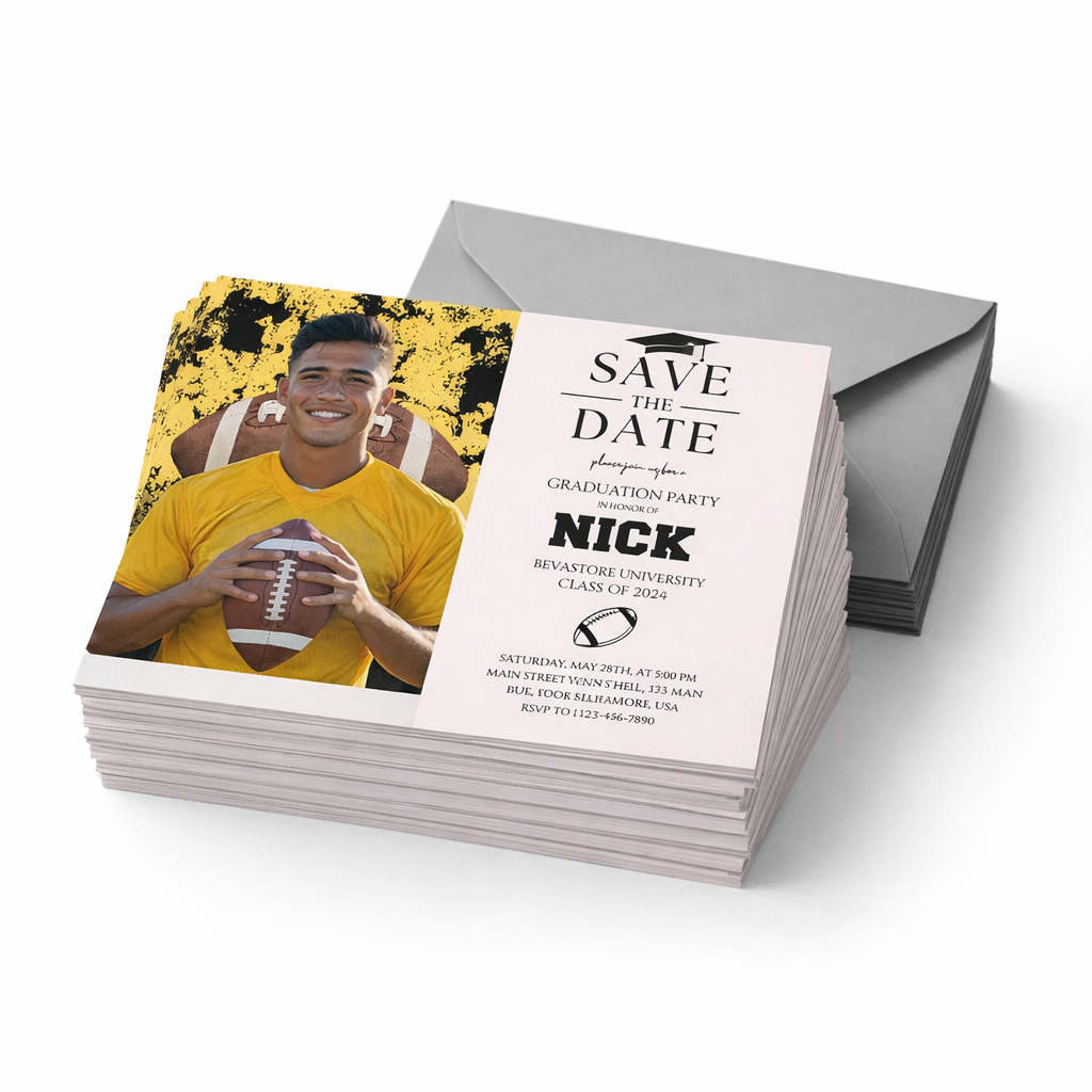 Stack of graduation party invitations with a photo of a young man holding a football.