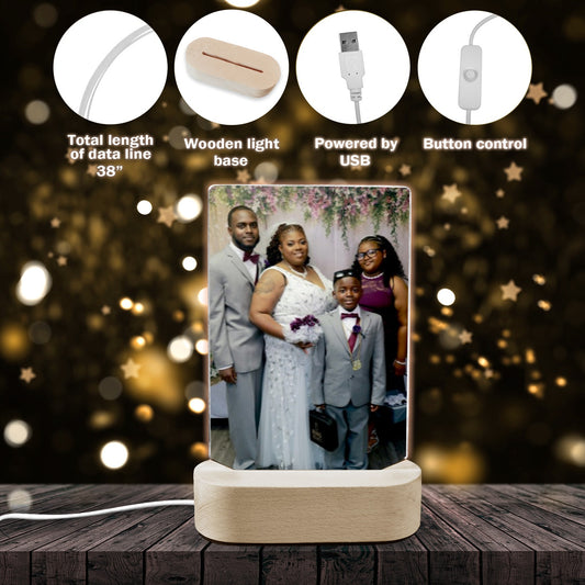 Personalized acrylic photo display with wooden or lighted stand