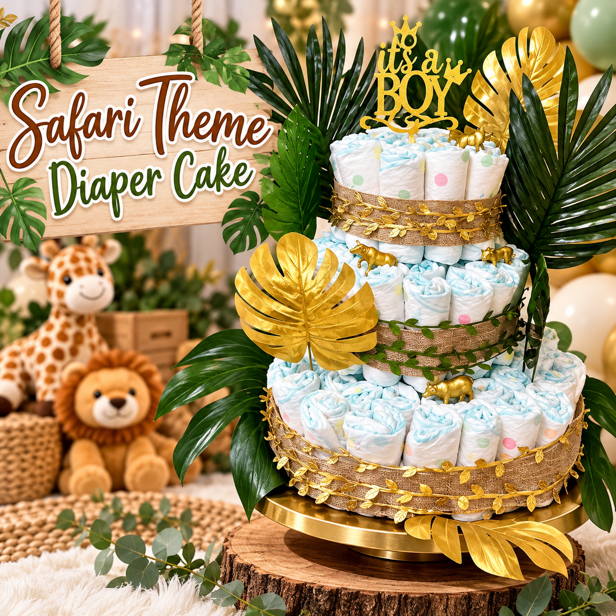 Custom baby shower diaper cake centerpiece, personalized for a baby shower