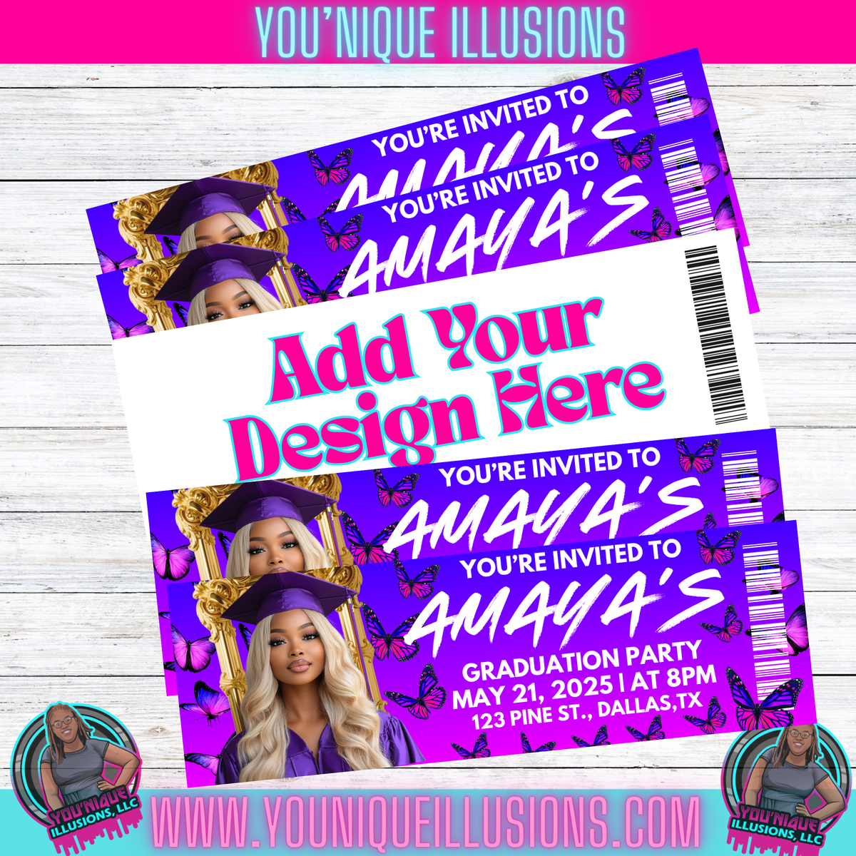 Custom personalized event ticket invitation for parties and graduation