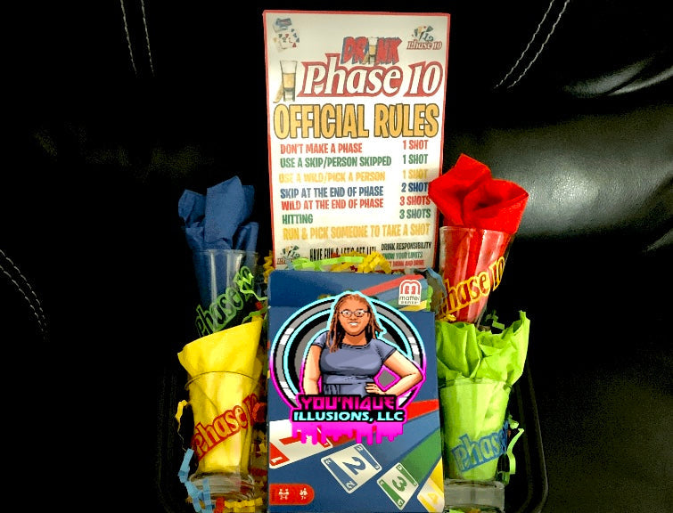 Custom Drunken Phase 10 card game set with personalized shot glasses