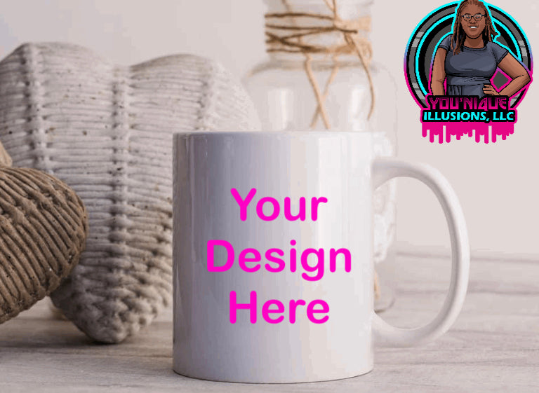 Personalized 11oz white ceramic coffee mug with custom photo and text