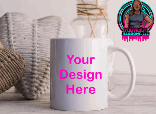 Personalized 11oz white ceramic coffee mug with custom photo and text