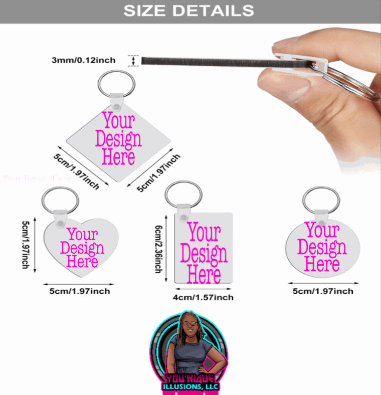 Custom photo keychain with personalized picture and text, heart circle square shapes