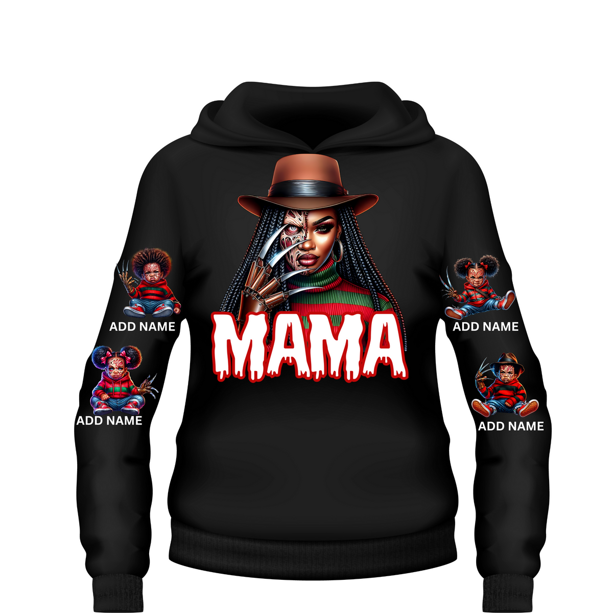 Custom Mama Freddy Krueger Halloween hoodie personalized with kids names