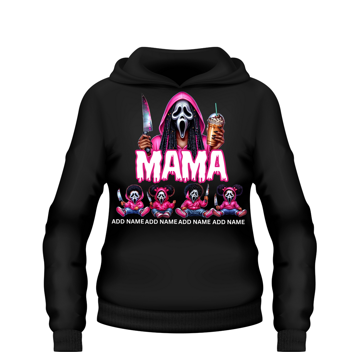 Custom Mama Ghostface Halloween hoodie personalized with kids names