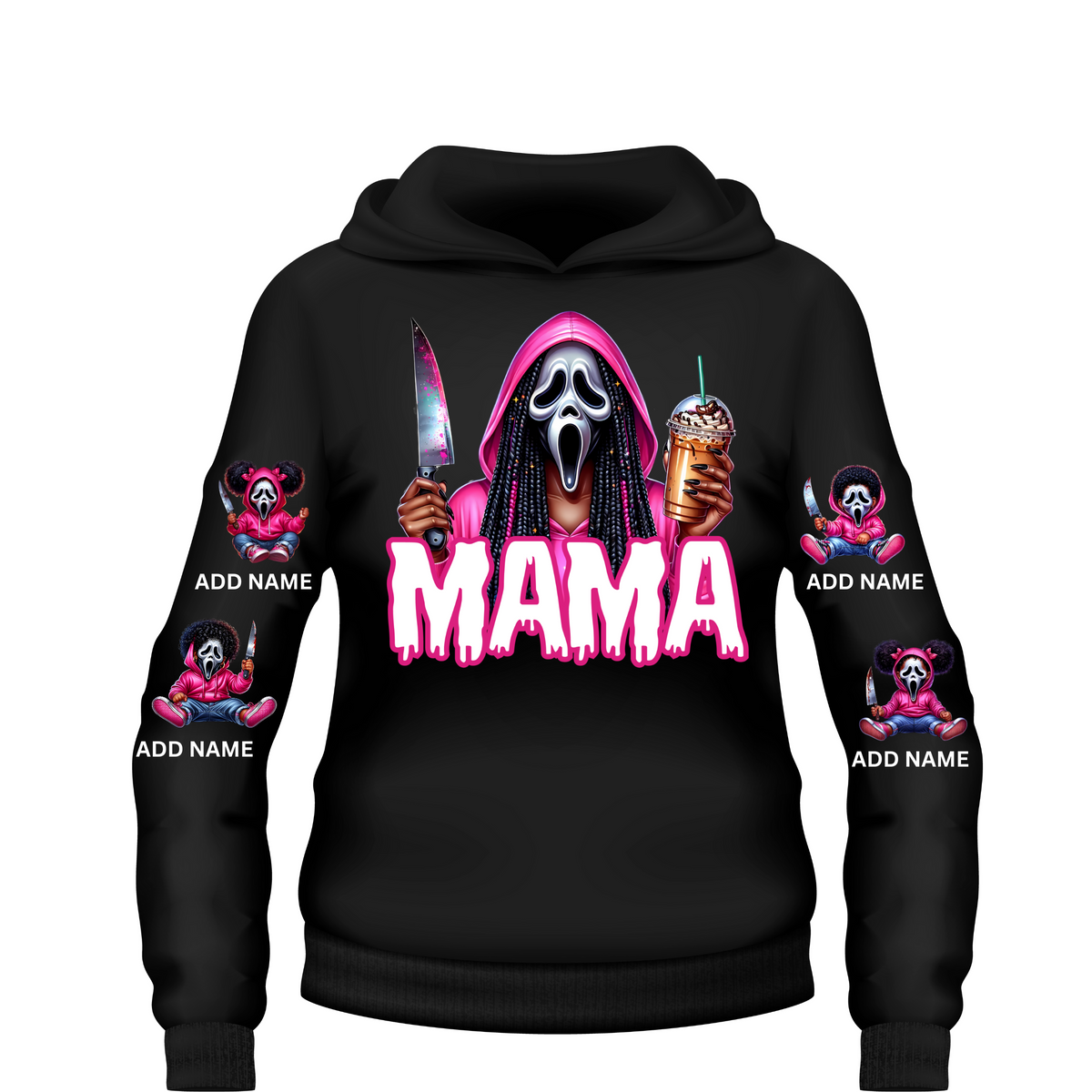 Custom Mama Ghostface Halloween hoodie personalized with kids names