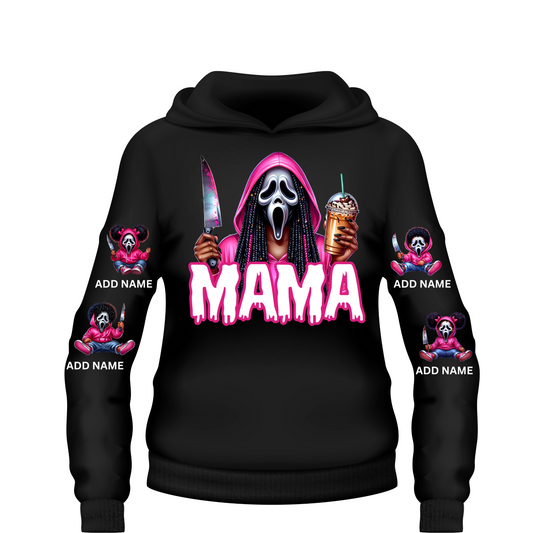 Custom Mama Ghostface Halloween hoodie personalized with kids names