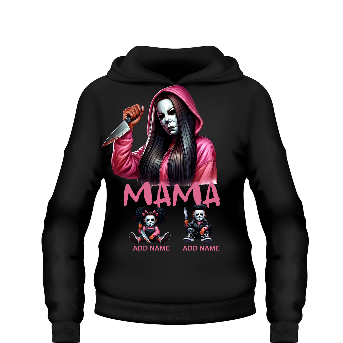 Custom Mama Myers Halloween hoodie personalized with kids names