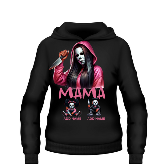 Custom Mama Myers Halloween hoodie personalized with kids names