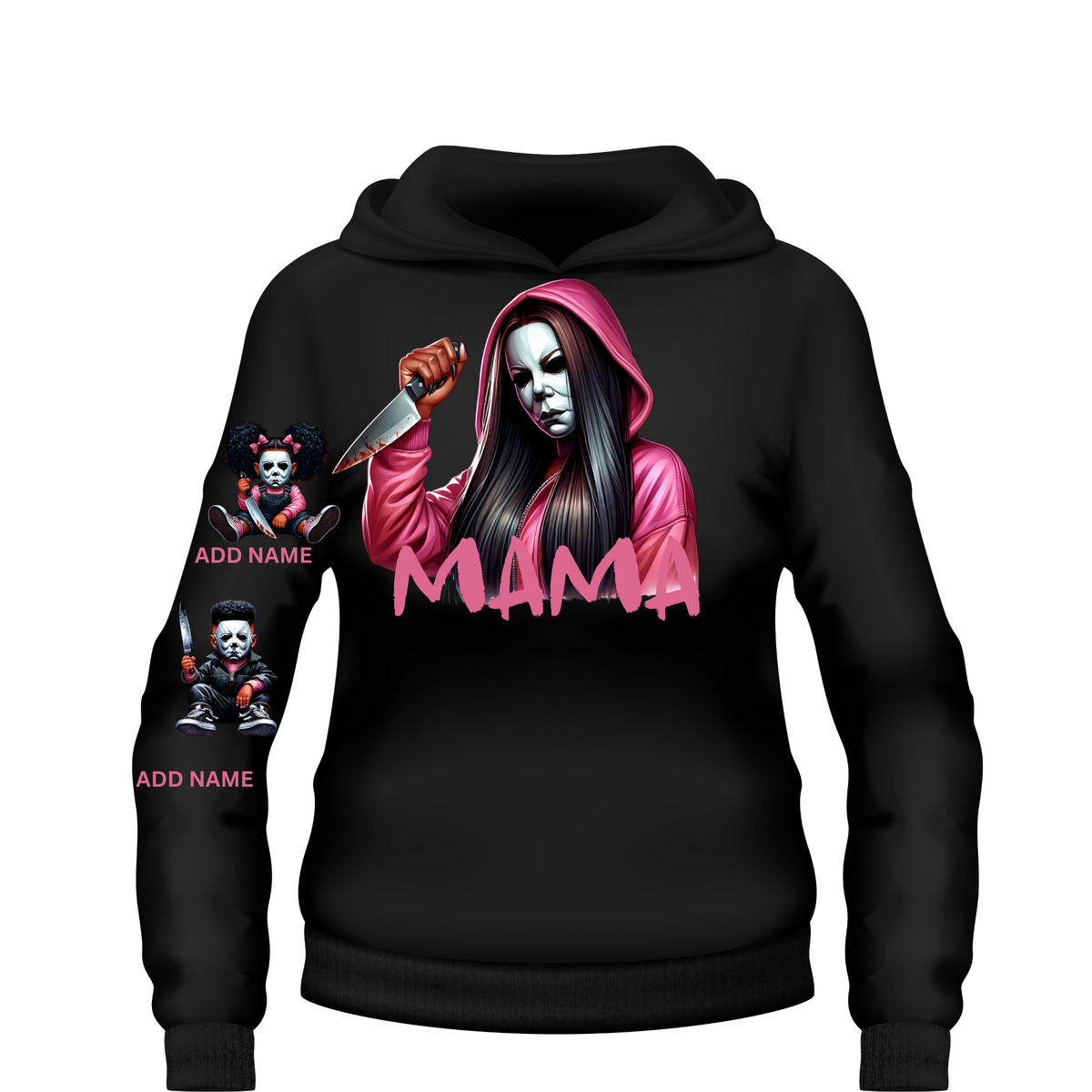 Custom Mama Myers Halloween hoodie personalized with kids names