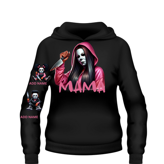 Custom Mama Myers Halloween hoodie personalized with kids names