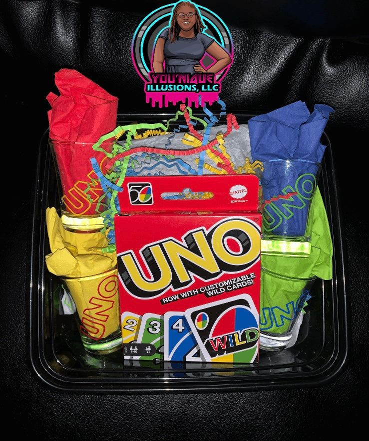 Custom Drunken Uno card game set with personalized shot glasses